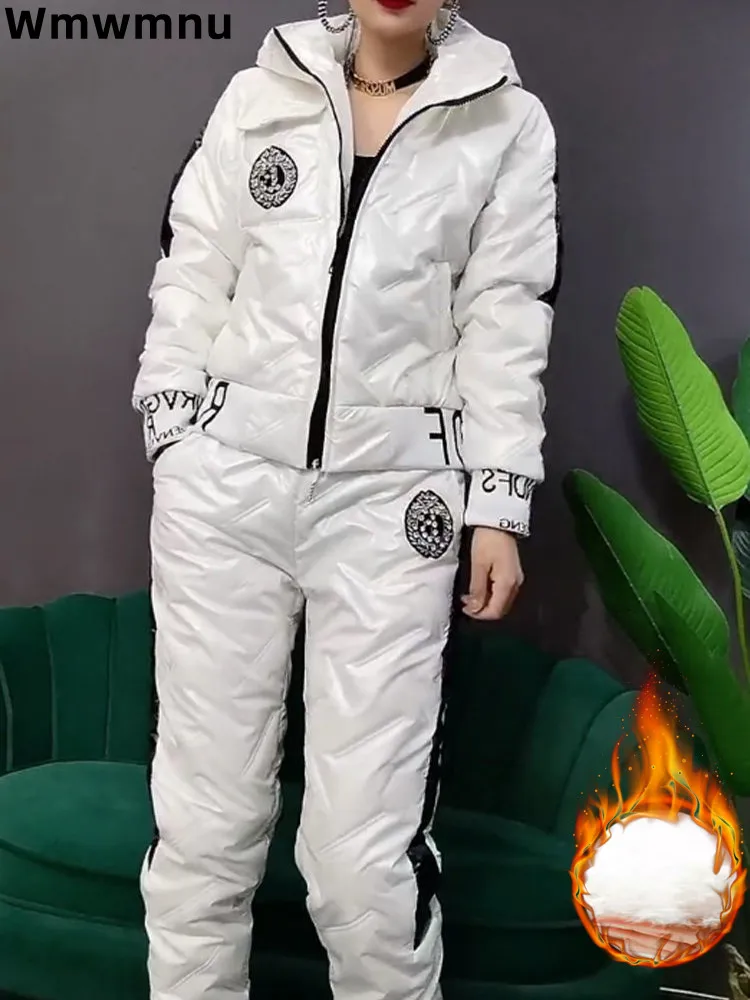 Winter Warm Down Cotton Hooded Two Piece Sets Casual Thick Zipped Coat Conjuntos