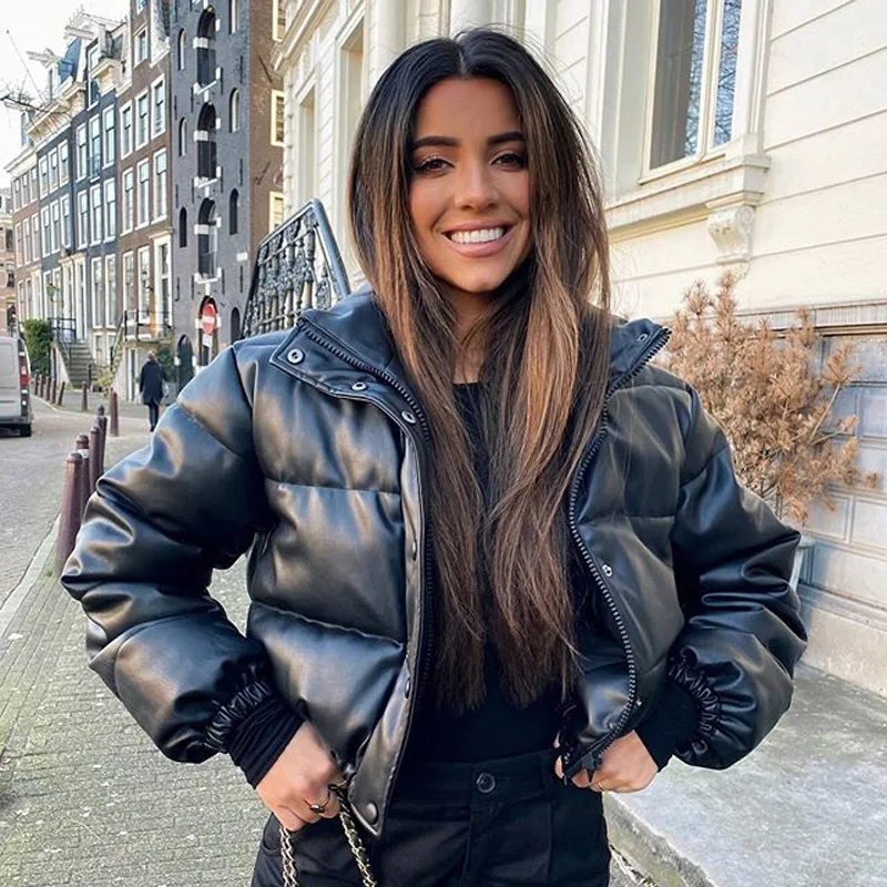 Winter Warm Thick PU Leather Coats Women Short Parkas Fashion Black Cotton Padde