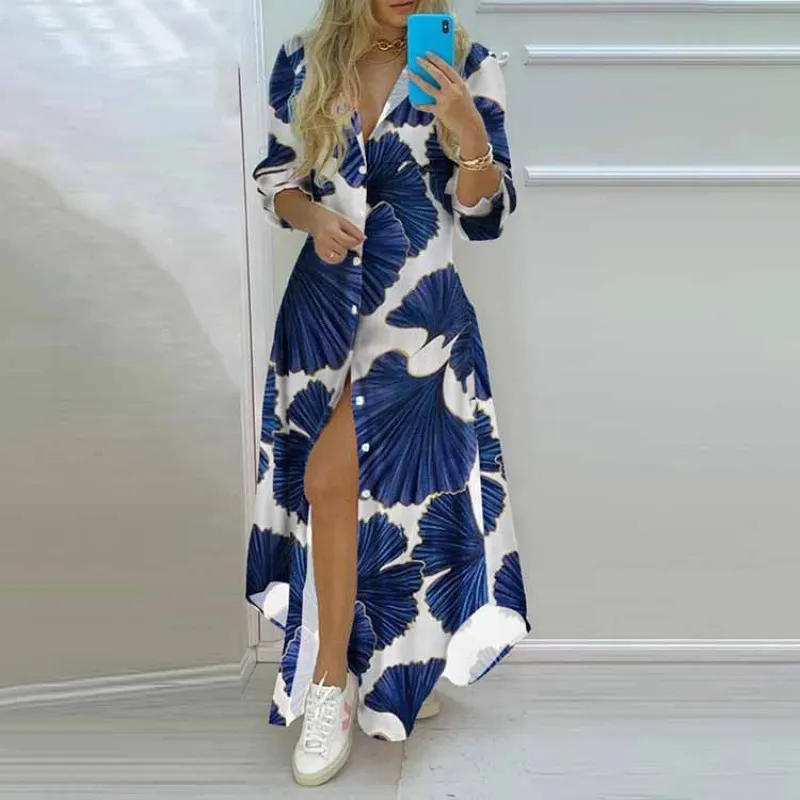 Women Boho Shirt Dress Summer Turn-down Collar Single Breasted Button Irregular 