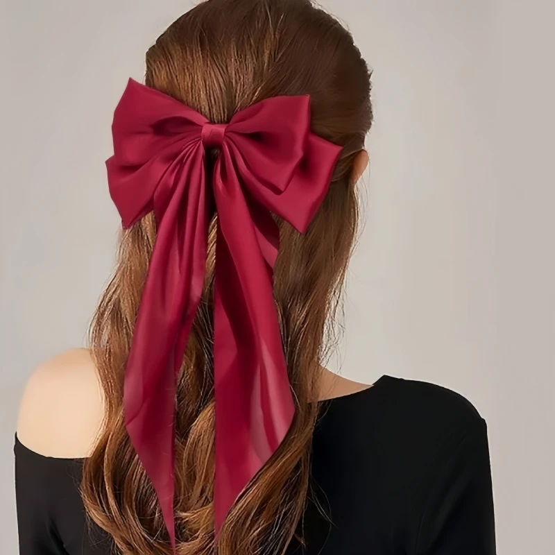 Women Bow Ribbon Hair Clip Fashion Simple Solid Satin Spring Clip Hair Pin Elega