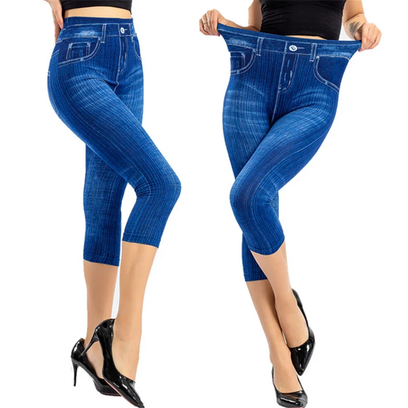 Women Denim Print Leggings Fashion Slim Leggings Faux Jeans Leggings Stretch Pri