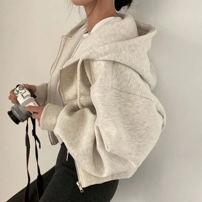 Women Hoodies Autumn Retro Solid Color Zip Up Oversized Sweatshirts Harajuku Kor