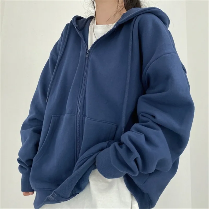 Women Hoodies Solid Color Zip Up Pocket Oversized Harajuku Korean Sweatshirts Fe