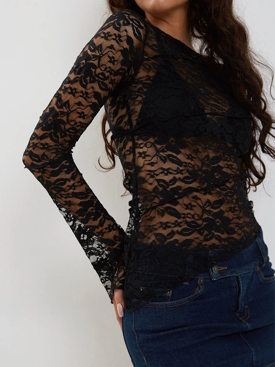 Women Lace Floral Fitted Crop Tops Sexy See Through Mesh Vintage Y2K Aesthetic L
