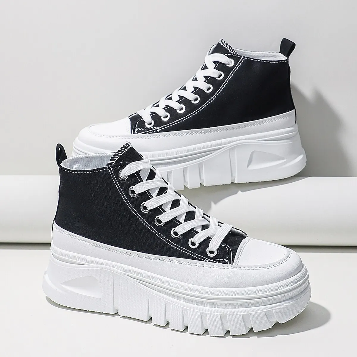 Women Lace-Up Front High Top Flatform Canvas Shoes Fashion Casual Comfortable He