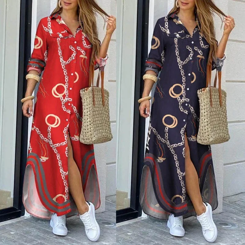 Women Long Sleeve Shirt Dress Casual Boho Printed Dresses Summer Fashion Single 
