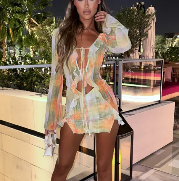 Women Mini Dress Long Sleeve Lacing Tie-dye Print Patchwork Slit Bodycon Dress f
