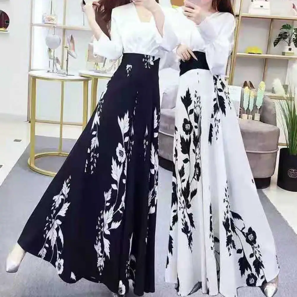 Women Pants Long Contrast Color Baggy Flower Print High Waist Summer Pants Skirt