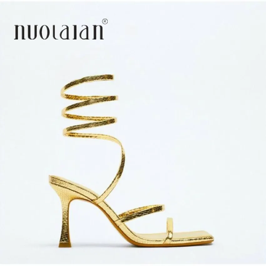Women Sandals Sexy Cross Ankle Stiletto Heels Female Slides Narrow Band Party La