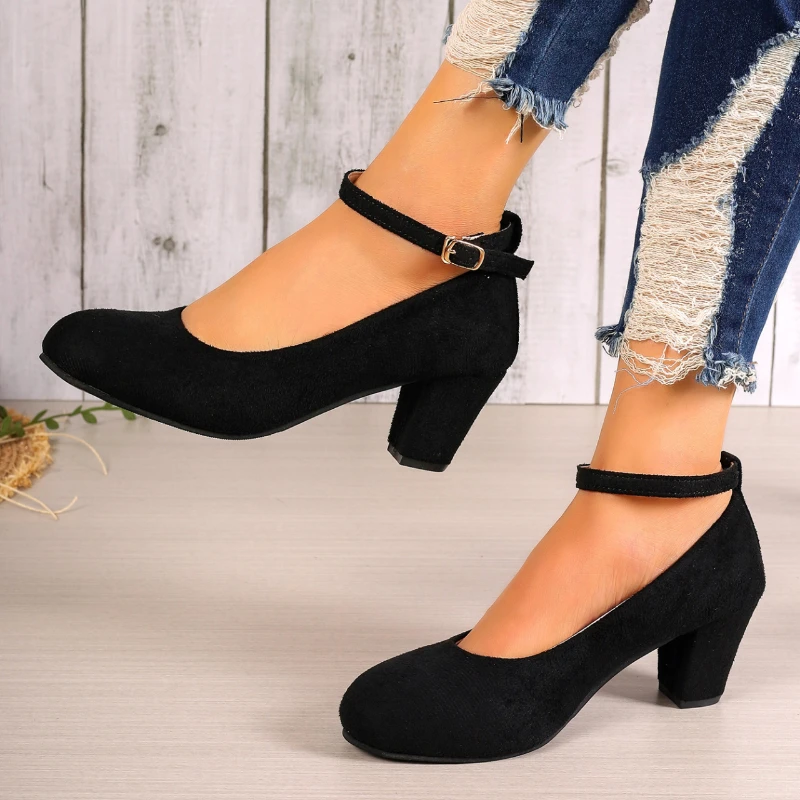 Women Sexy Black Ankle Strap High Heels Autumn Woman Flock Round Toe Pumps Femal
