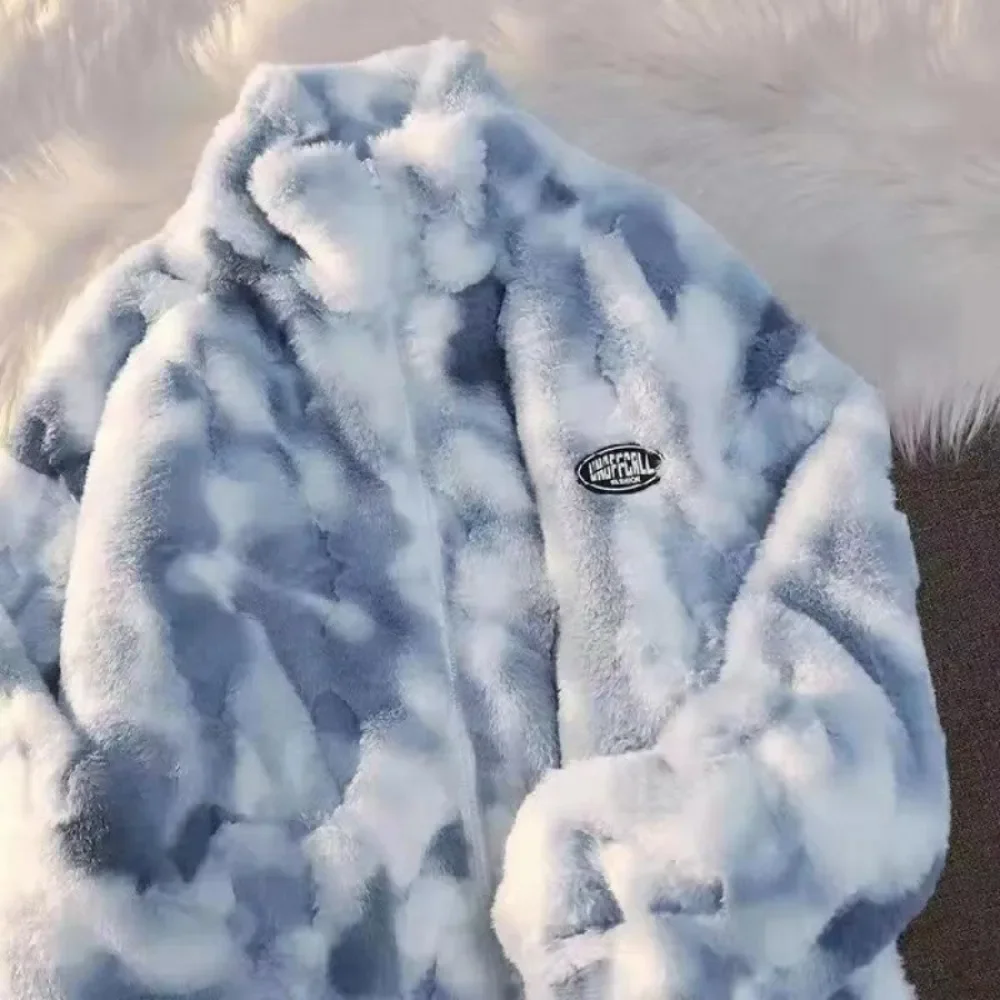 Women Tie Dye Fleece Jacket Coat Autumn Winter Girl Zipper Outerwear Warm Plush 