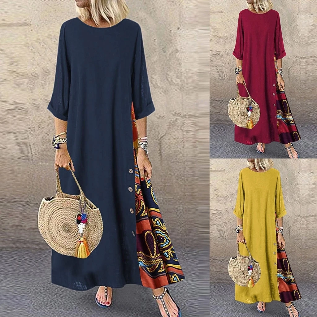 Women Vintage Maxi Dress 3/4 Sleeve Side Button Stitching Printed Dress Ladies S