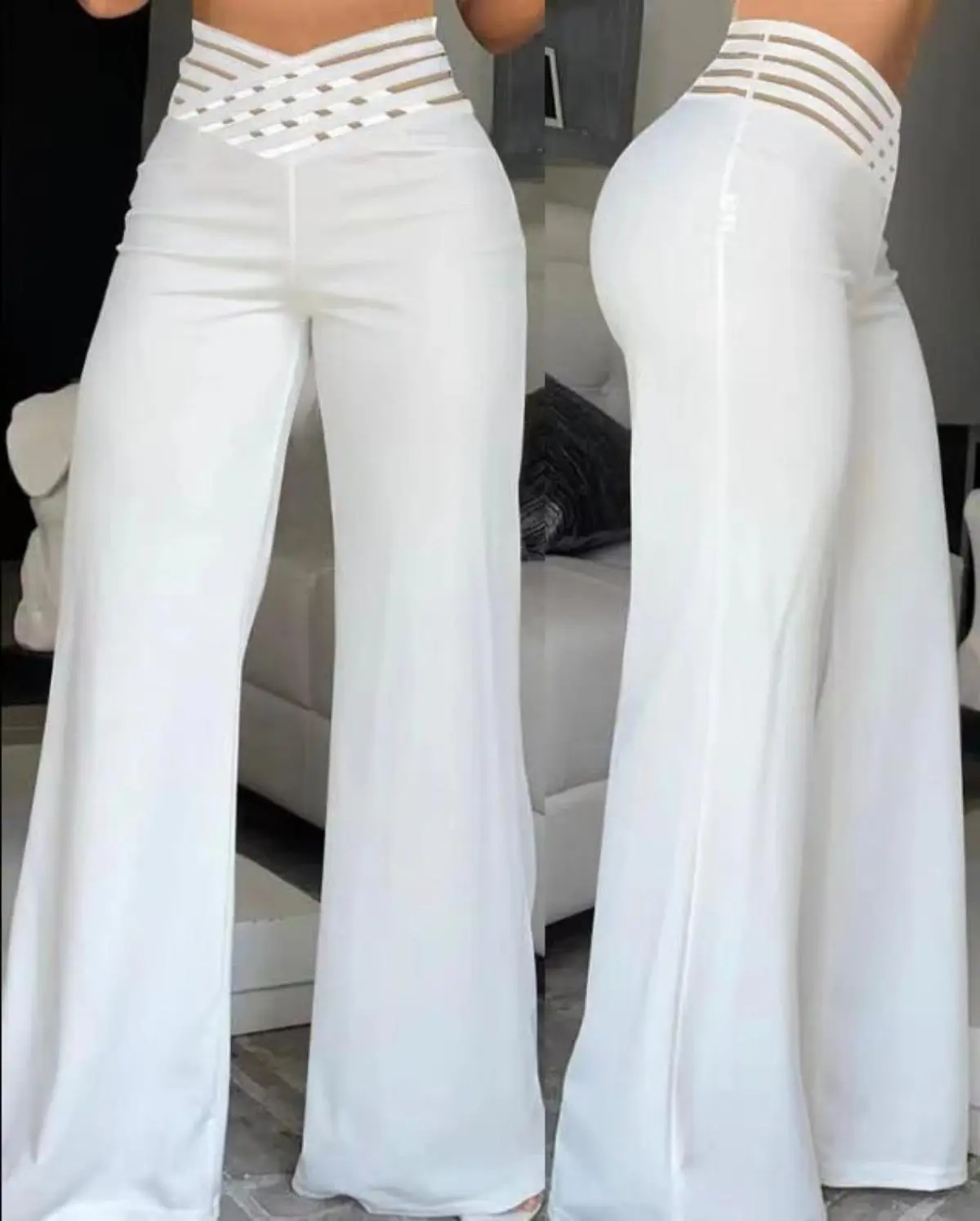 Women Wide Leg Flared Pants Autumn Casual Crisscross Sheer Mesh Patch High Waist