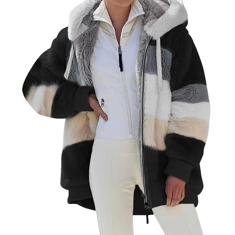 Women Winter Coat Warm Patchwork Zipper Pocket Stitching Hooded Faux Fur Long Sl