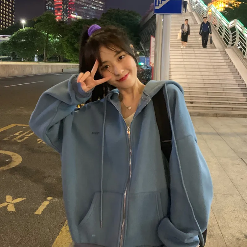 Women Zip Up Sweatshirt Casual Oversized Hooded Korean Style Hoodies Harajuku So