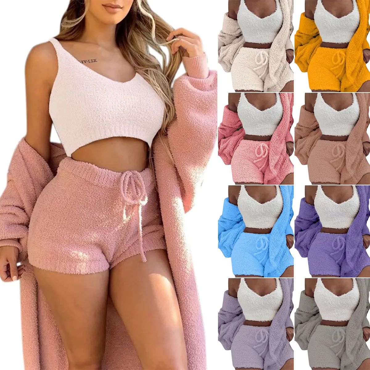 Women's Comfortable Knit Pajama Set Crop-top with V-neck Winter Plush Loungewear