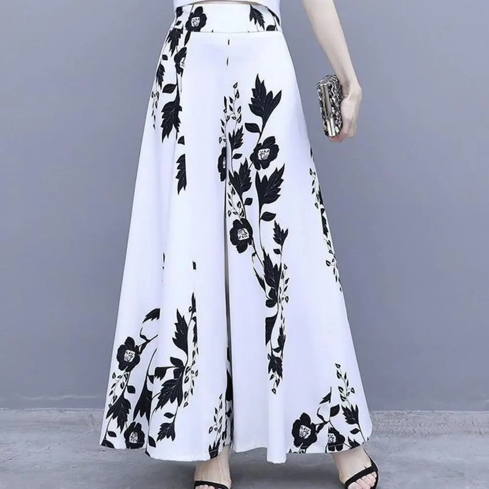 Women's Summer Long Pants Skirt Contrast Color Baggy Flower Print High Waist Sli