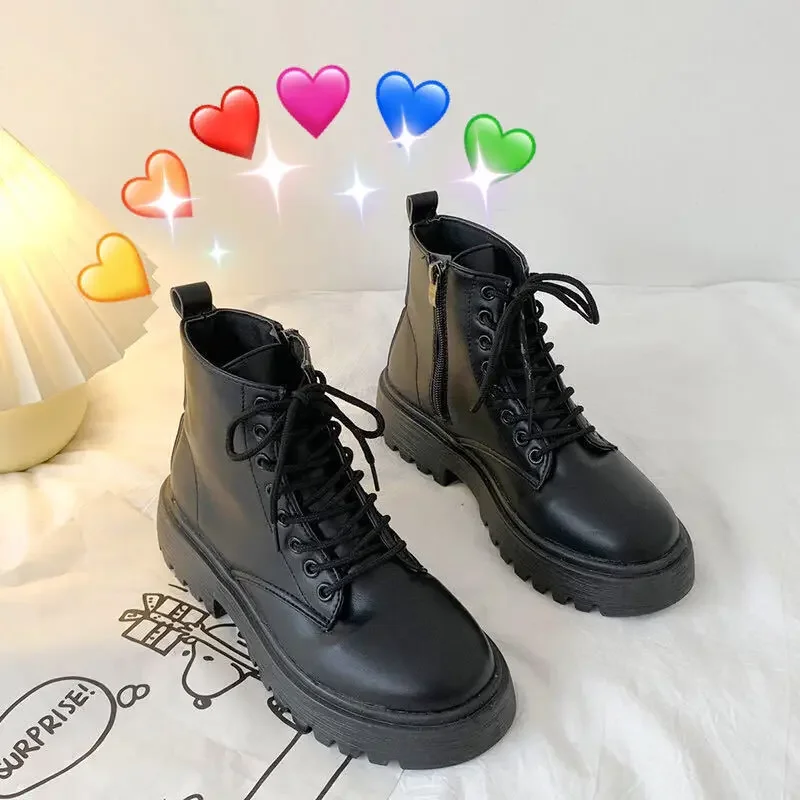 Women's Summer New Style Martin Black Front Lace-up Boots Thick Sole For Height 