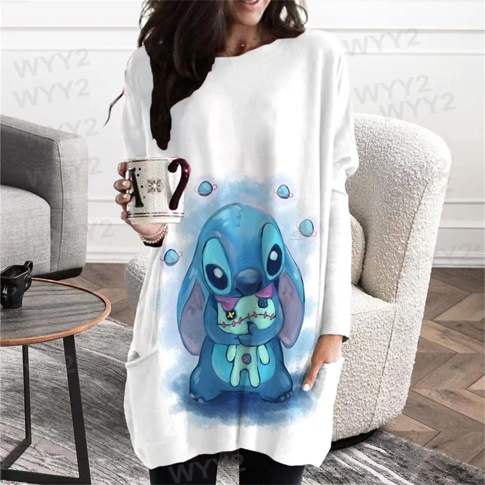 Women's T Shirt Top Stitch Print Spring Autumn Long Sleeve Crew Neck Pocket Clot