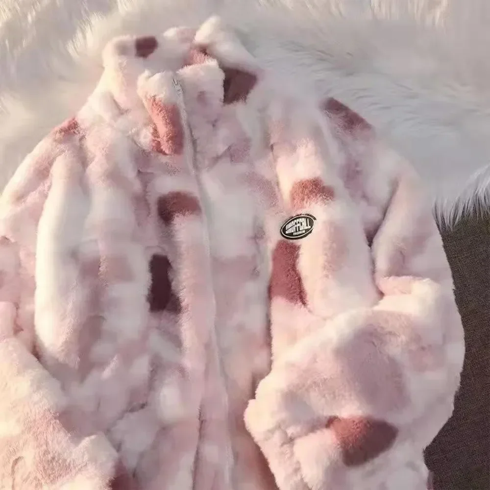 Women's Tie Dye Lamb Fleece Jacket 2023 Girl Autumn Winter Zipper Outerwear Warm