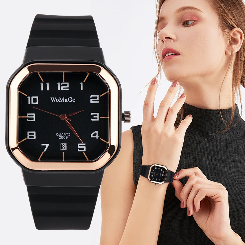 Womens Watch Simple Silicone Strap Womage Fashion Quartz Rectangle Dial Watches 