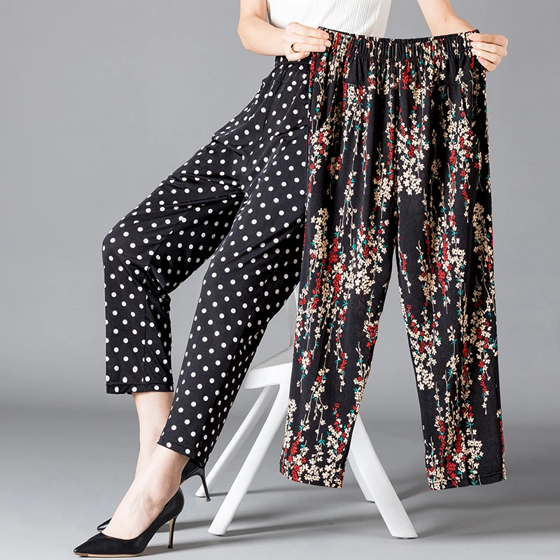 XL-8XL Summer Women Harem Pants Casual High Waist Pants Printed Elastic Waist Mi
