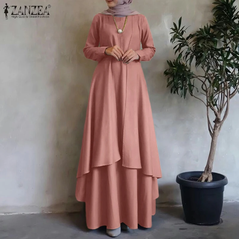 ZANZEA Women Muslim Maxi Dresses Long Sleeve Irregular Hem Loose Long Dress Duba