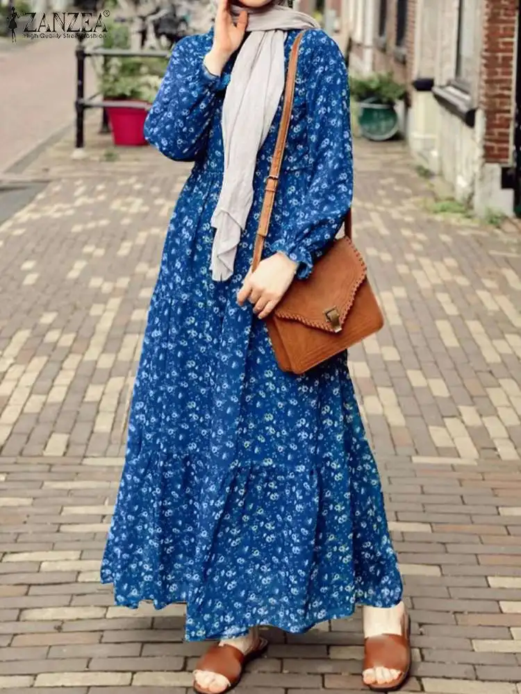 ZANZEA Women Spring Floral Printed Muslim Dress Bohemian Long Sleeve Casual Abay