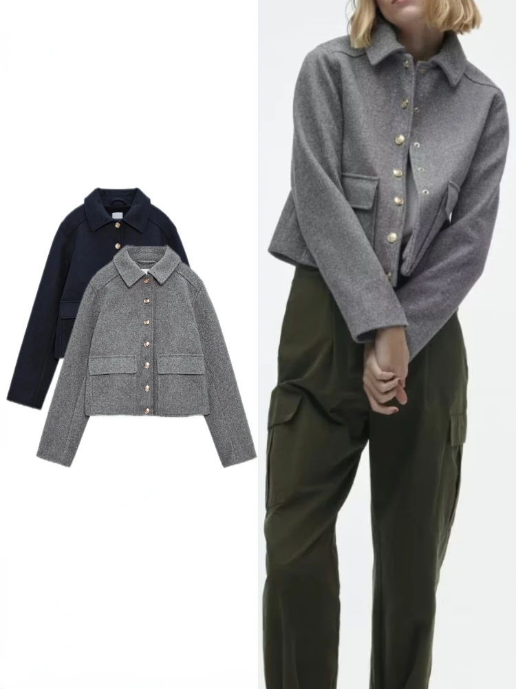ZBZA Women's Autumn New Fashion Gold Button Woolen Jacket Coat Lapel Long-sleeve