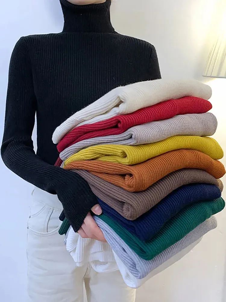 ZOKI New 2023 Women Pullover Turtleneck Sweater Autumn Long Sleeve Slim Elastic 