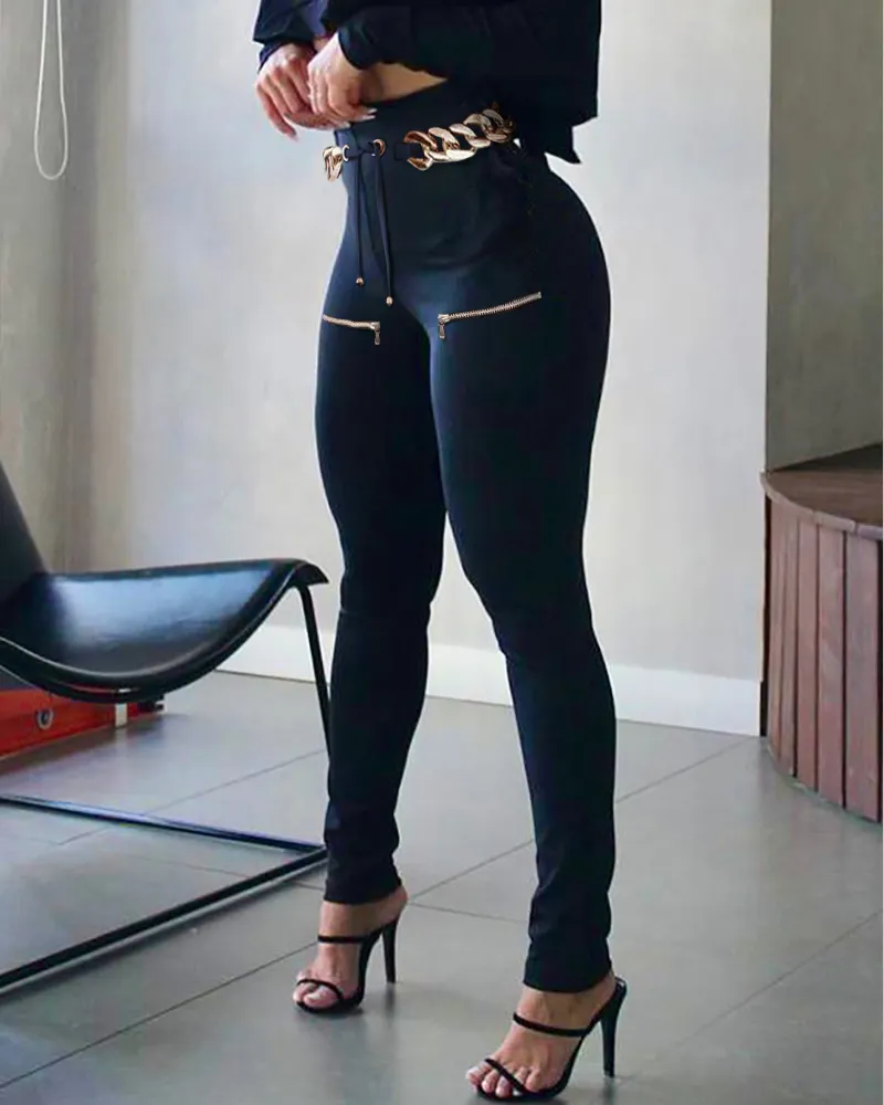 Zipper Design Pants for Women Cargo Casual Trousers Without Belt High Waist Eyel