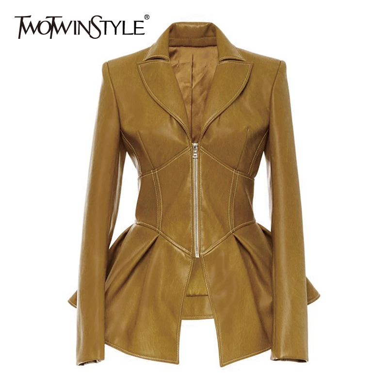 TWOTWINSTYLE Biker Style Patchwork Irregular Jacket Women Lapel Collar Long Slee
