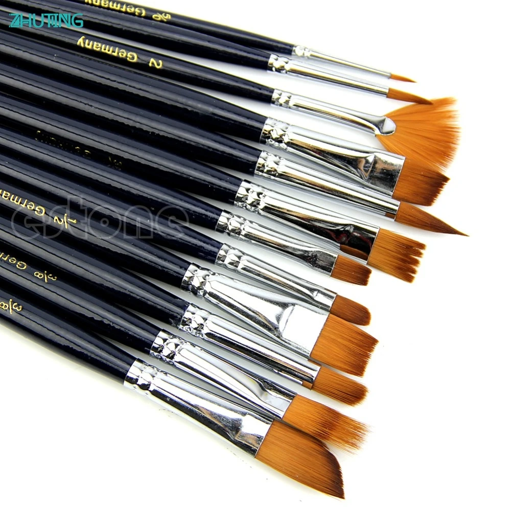 New 12X Artist Paint Brush Set Nylon Hair Watercolor Acrylic Oil Painting Suppli