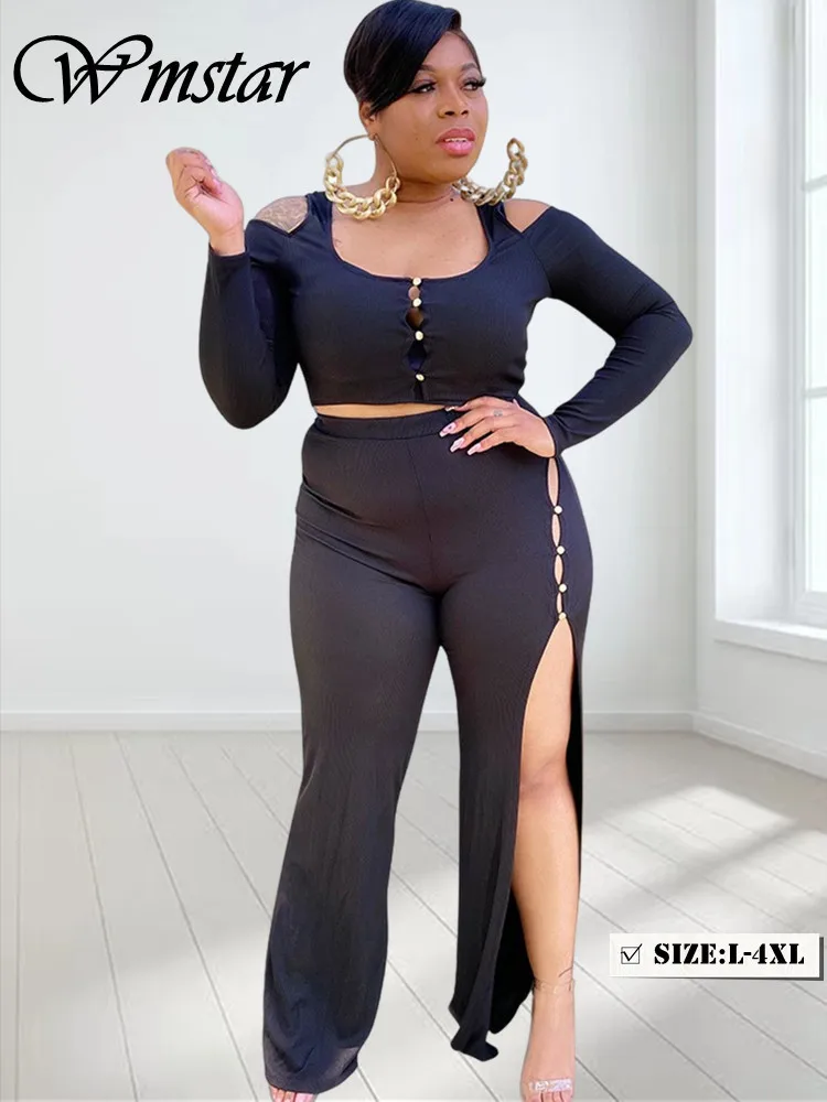 Wmstar Plus Size Two Piece Outfits Women Fall Clothing Solid Top and Pants Flare