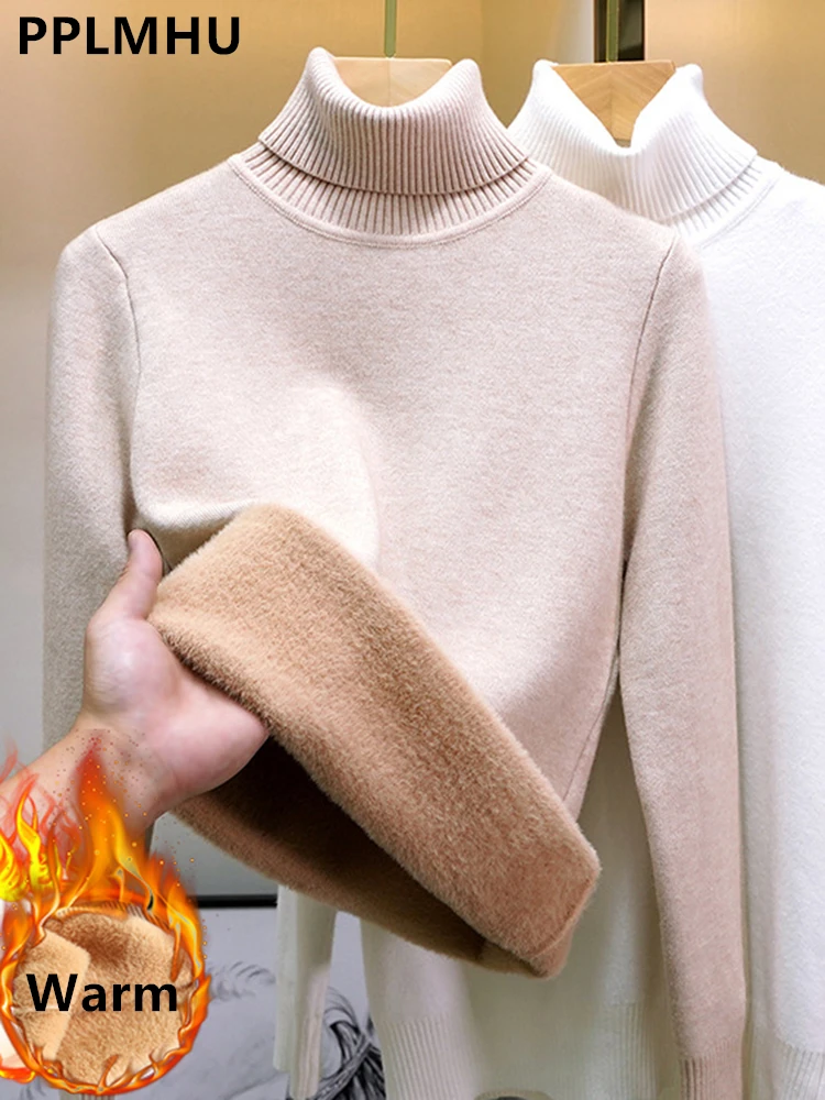 Turtleneck Winter Sweater Women Elegant Thicken Velvet Lined Warm Sueter Knitted