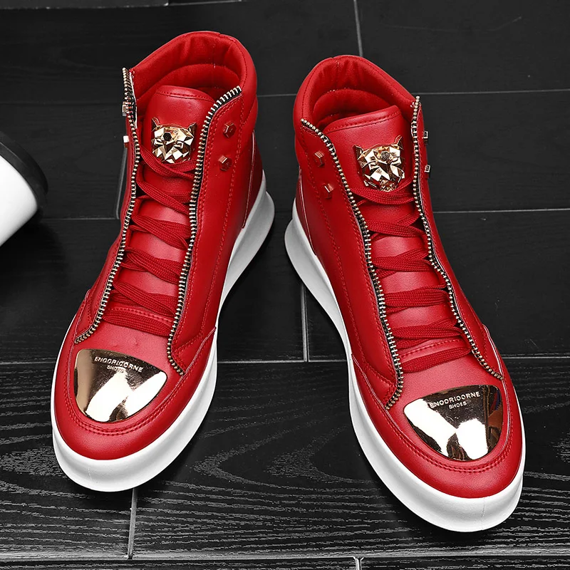 Red Snakeskin High Top Sneakers Men Flat Casual Sneakers Zipper Fashion Luxury C