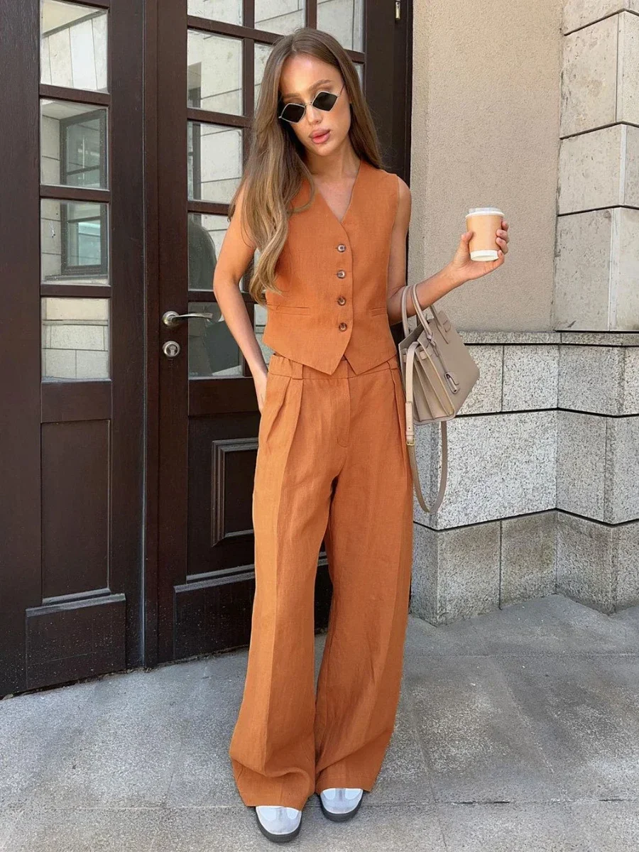 Wolfeel Womem Linen Cotton Chic Vest & Pants Suit Two-Piece Set Office Ladies Su