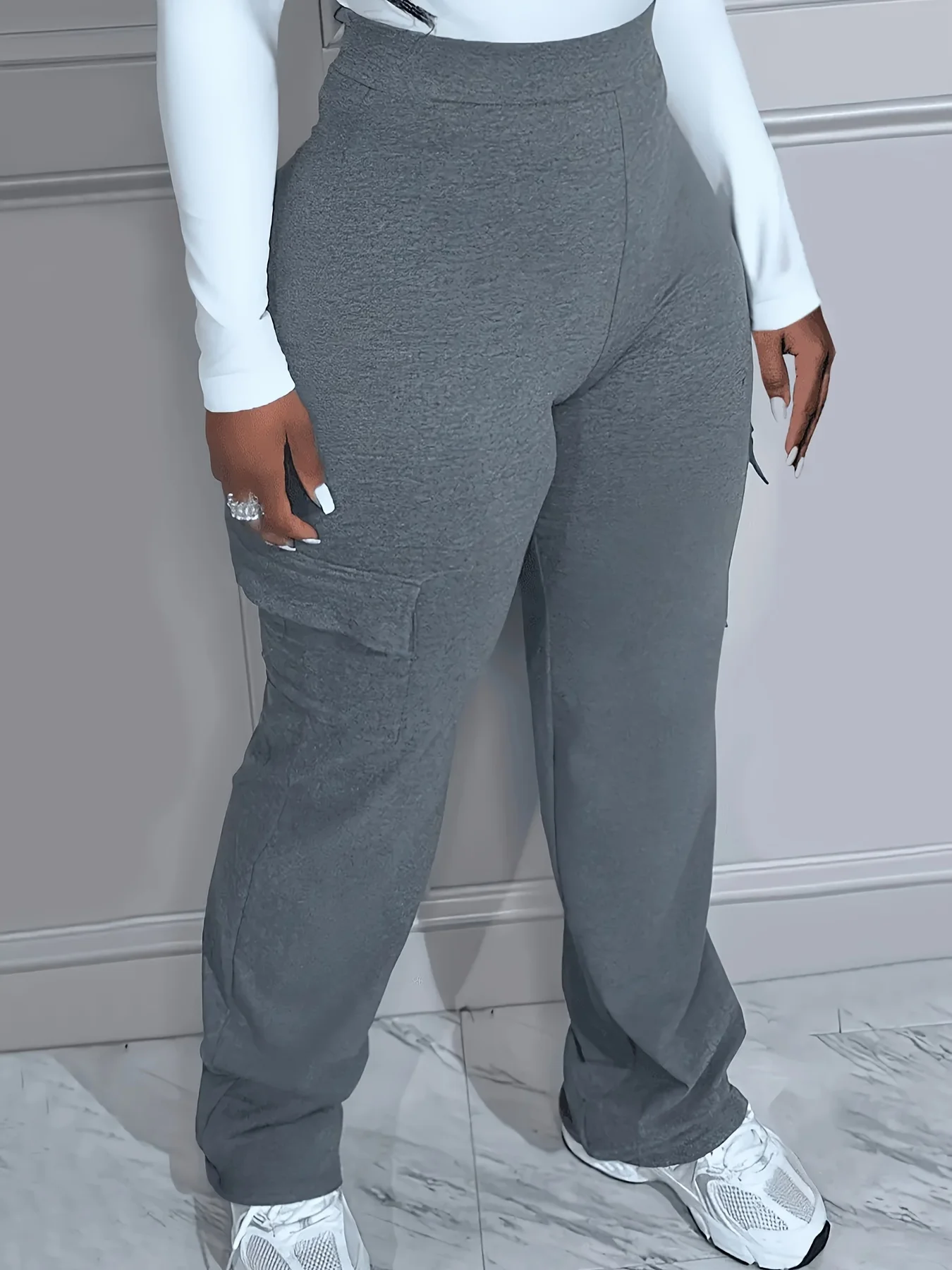 Plus Size Solid Pocket Pants Casual High Waist Pants For Spring & Fall Women's P