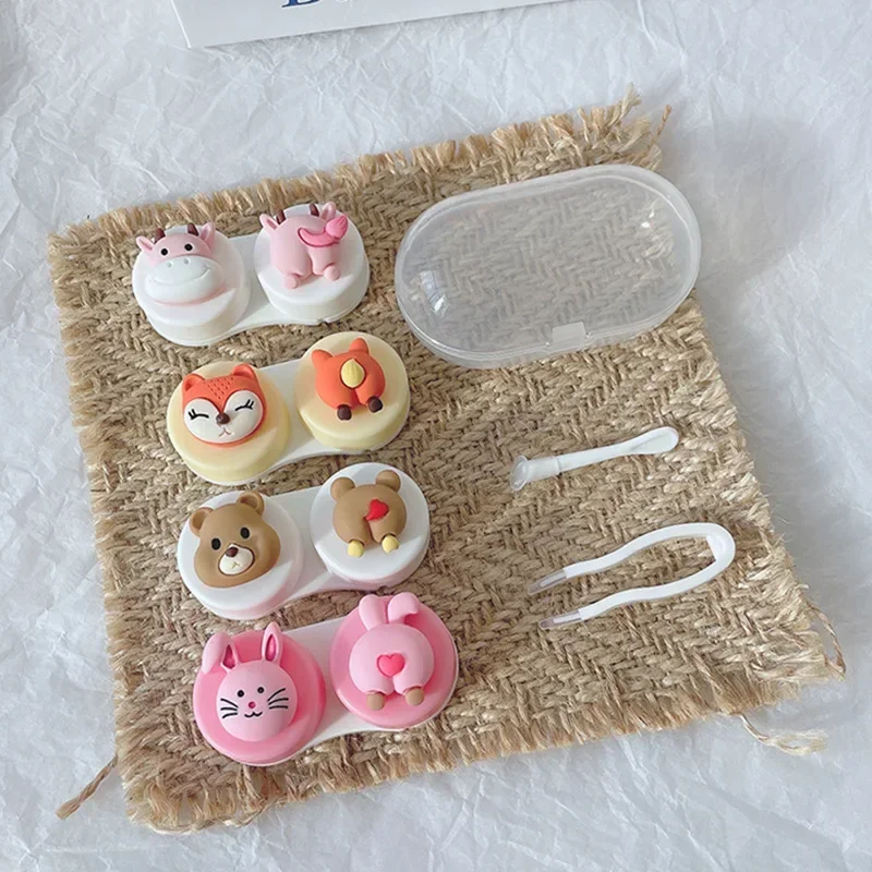 Girls Portable Contact Lenses Box Container Kawai Pink Rabbit Cow Fox Brown Bear