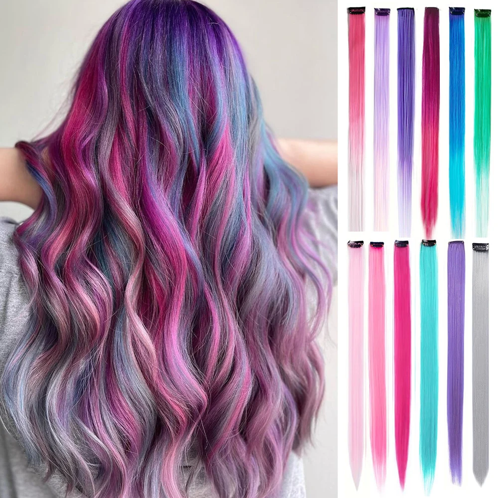 6pcs/pack Colored Party Highlights Clip in Hair Extensions for Girls 22 inches M