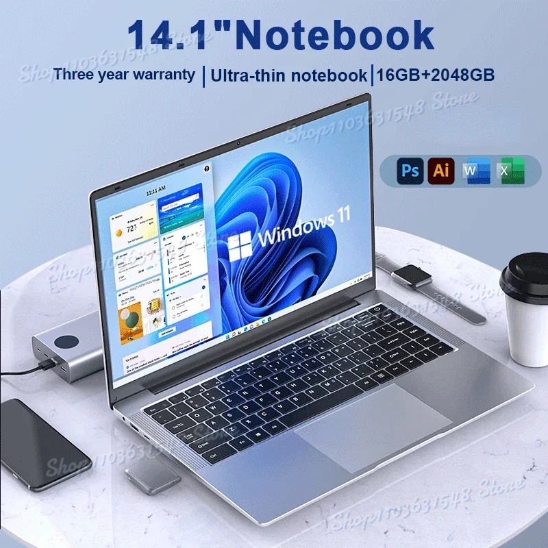 Ultra Slim Laptop 14.1" 16GB RAM 2TB SSD Intel N3700 Notebook Gamer 1920*1080 Di