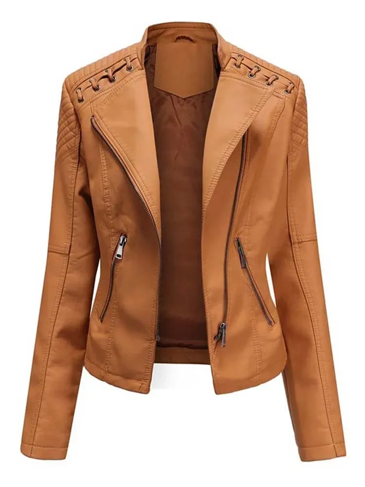 Fashion Women's Faux Leather Jackets Long Sleeve Zipper Slim Motorcycle Biker Le