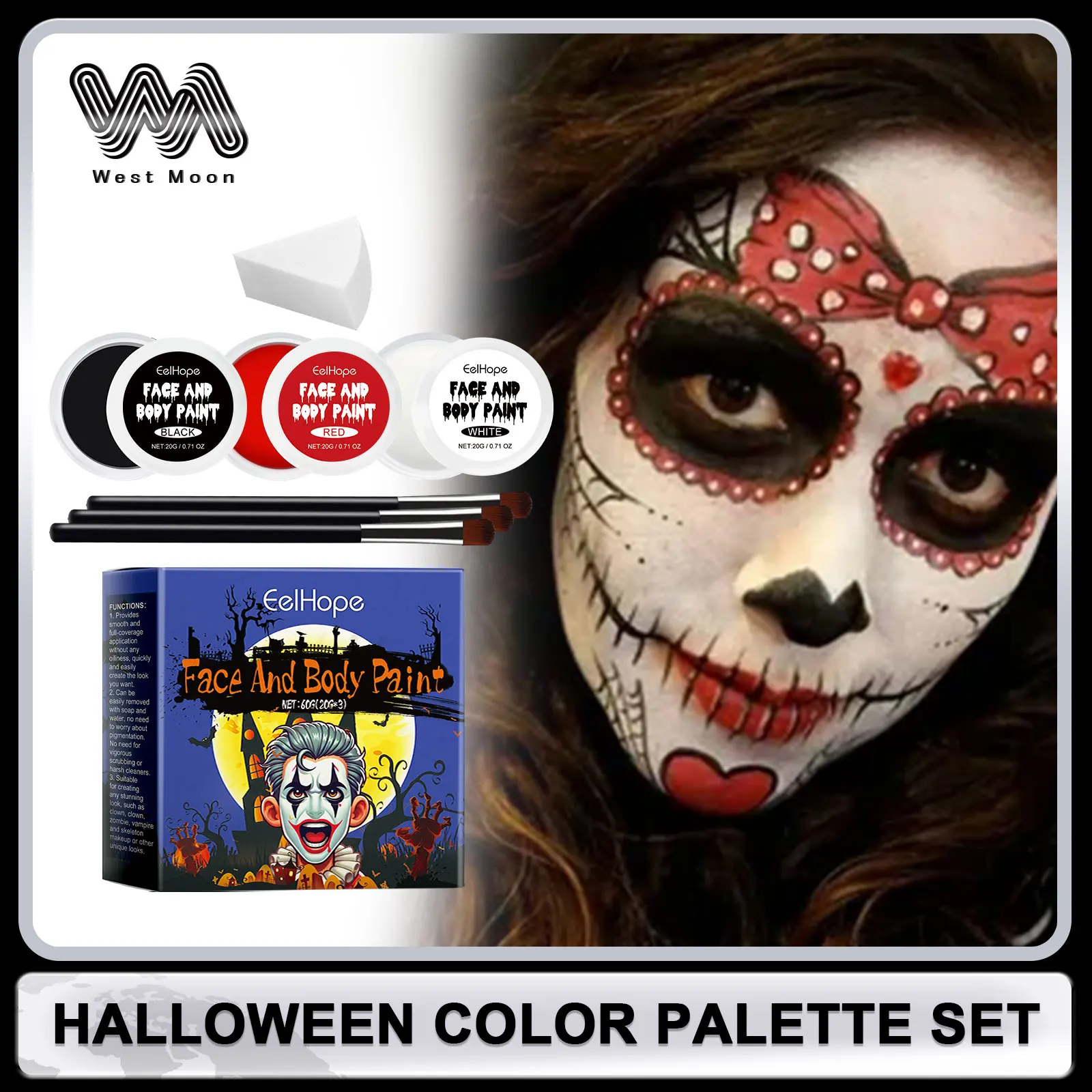 Face and Body Painting Set with Brush Smooth Waterproof Clown Makeup For Hallowe