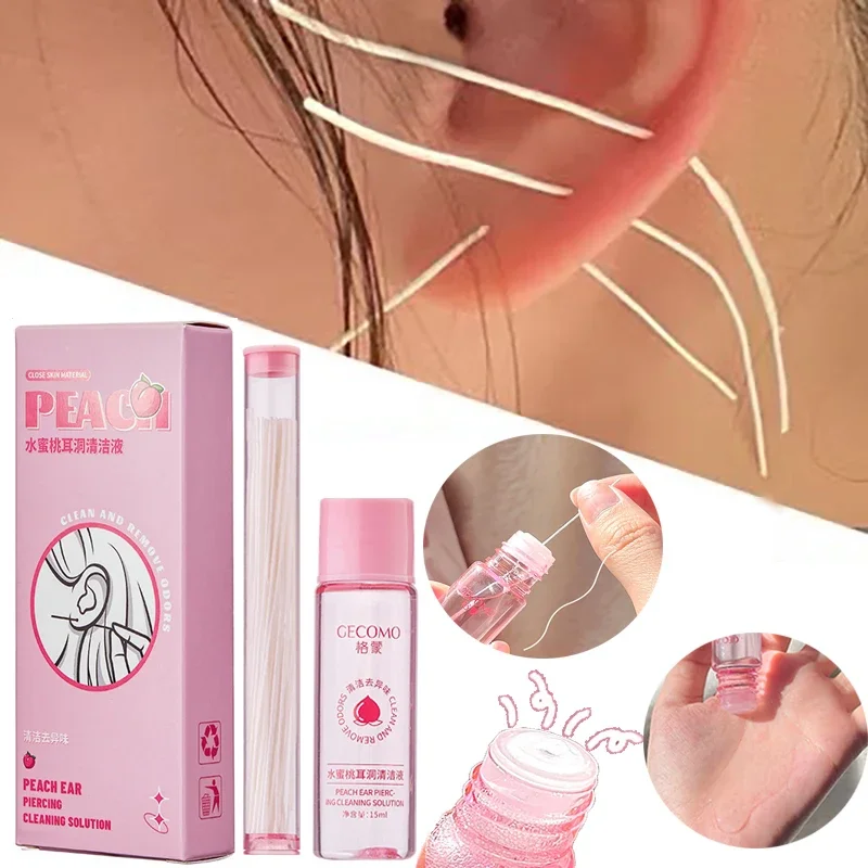 Pierced Ear Cleaning Set Solution Peach Flavor Floss Cotton Thread Ear Hole Afte