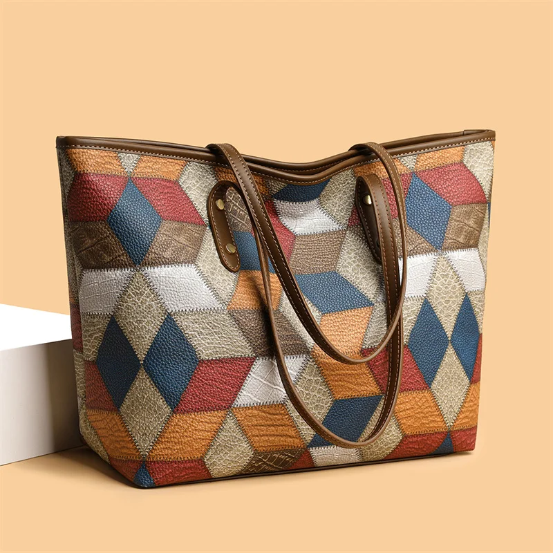2024 New Women's Large Capacity Commuter Handbag Casual PU Leather Patchwork Tot