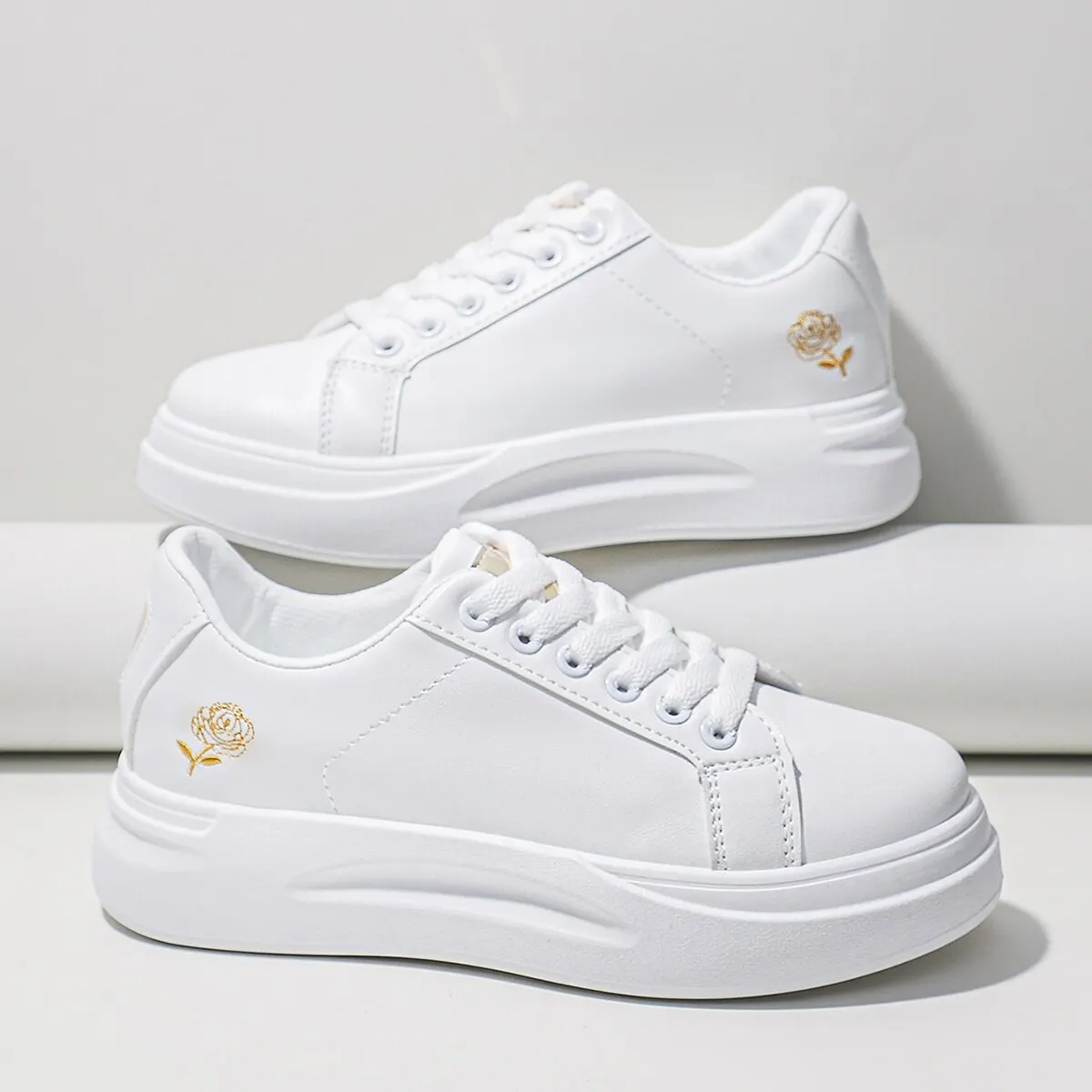 Women's Casual Sneakers White Metallic Detail Floral Embroidered Lace-Up Front S
