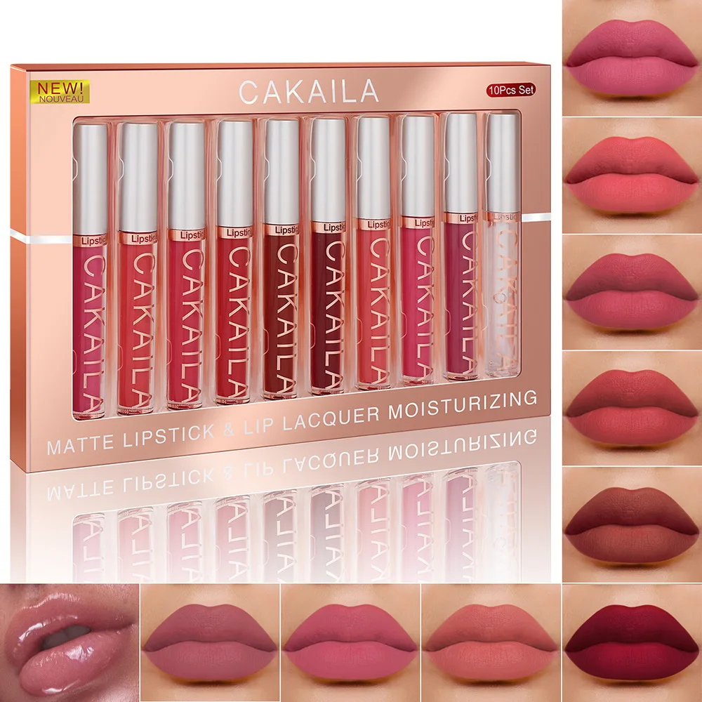 CAKAILA 10pcs/set Nude Lip Gloss Matte Velvet Lipstick Waterproof Long-lasting L