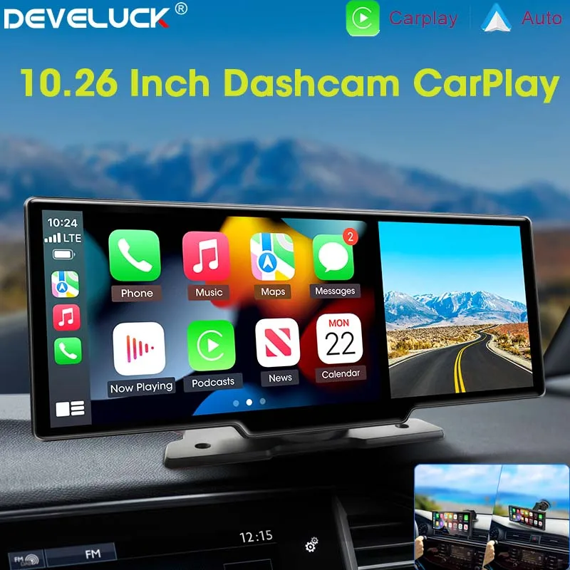 10.26" Car DVR Carplay Android Auto Dashcam 4K 3840*2160 Front And 1080P Rear Ca