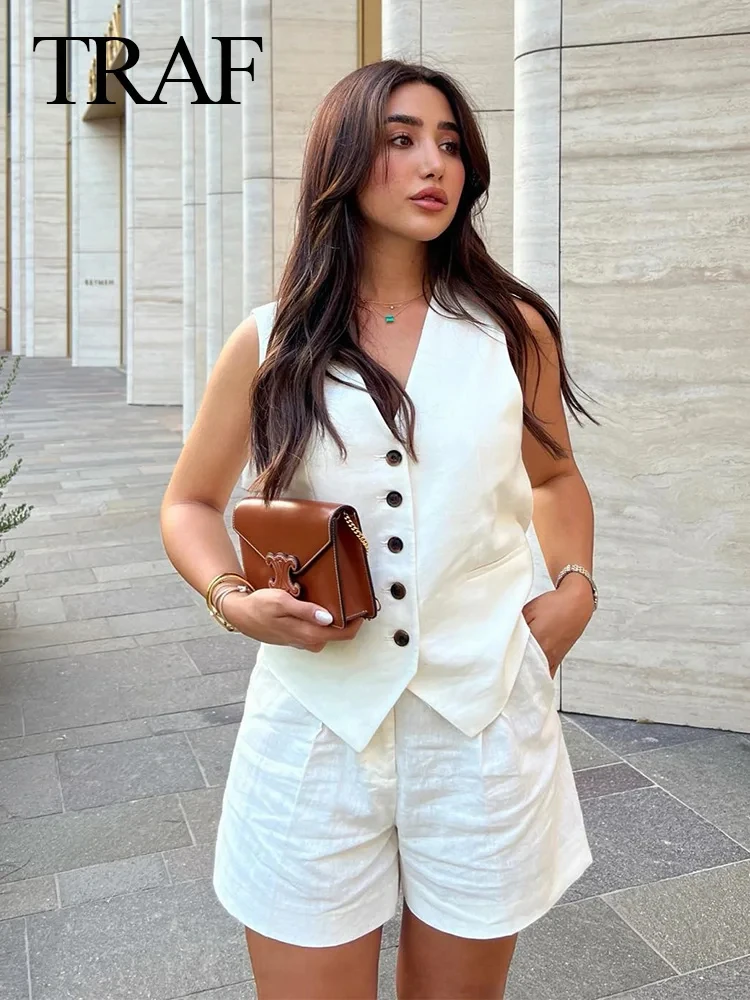 TRAF Women Elegant Solid Waistcoat Shorts Set 2024 Sleeveless Vest Top+High Wais
