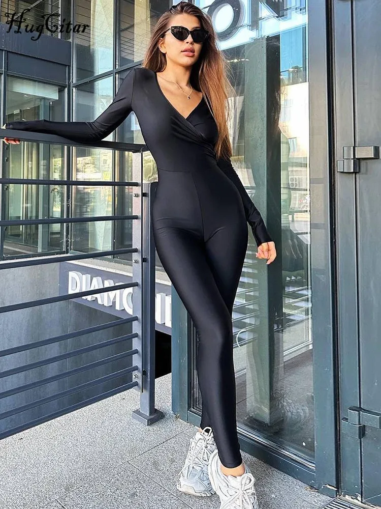 Hugcitar 2024 Spring V Neck Long Sleeve Solid Ruched Sexy Bodycon Skinny Jumpsui